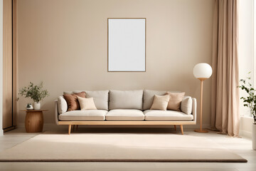 Modern minimalist composition of wooden frame mockup, living room interior, 3d render, sepia color tones,