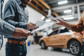 Customer Reviewing Detailed Invoice with Mechanic at Professional Service Desk in Auto Workshop