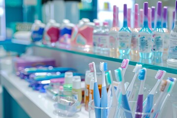 Modern Dentist Office Display with Various Toothbrushes and Dental Care Products for Hygiene Promotion