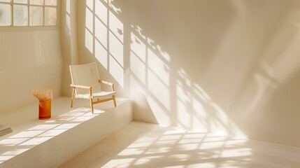 Obraz premium Chair in room with window vase with flowers on floor next to chair concept simple interior, calm still flower