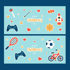 Happy children's day set of banners for social media with cute toys