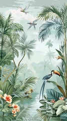Photo sur Plexiglas Illustration of tropical wallpaper print design with palm leaves, monstera leaves, birds and texture. Exotic plants and birds on textured background. AI generated illustration
