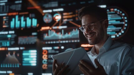 Fototapeta premium Businessman, stock market, tablet holographic with screen for tech, statistics, and data, augmented reality, and joyful individual for futuristic trading, finance, and investment.
