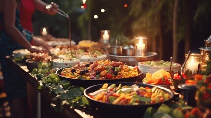 Catering buffet food indoor in restaurant with grilled meat.
