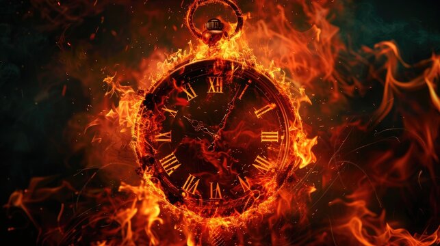 A surreal portrayal of time with a clock exploding and engulfed in flames