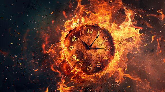 A surreal portrayal of time with a clock exploding and engulfed in flames
