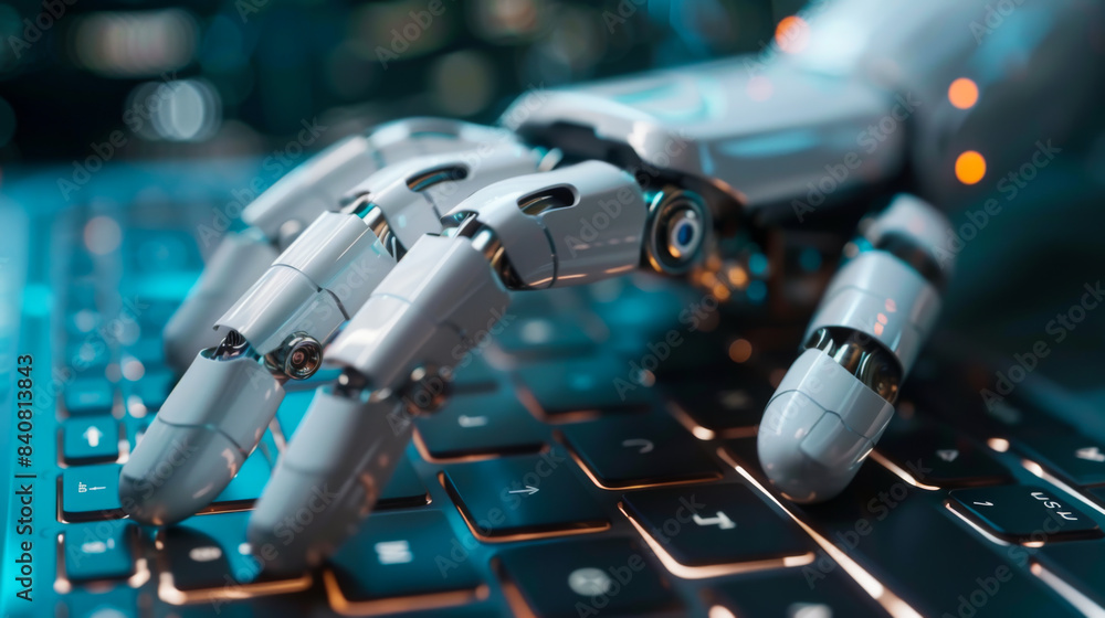 Poster close-up of a robot hand on a modern keyboard. robot hands typing on a computer with a keyboard. bus
