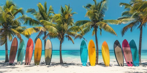 Line of vividly colored surfboards standing against coconut palms on a pristine tropical beach with blue waters