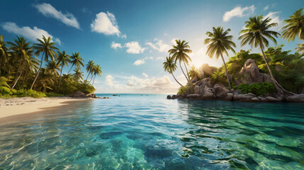 View of the beach with blue water and palm trees taken from a coast for Hello Summer.