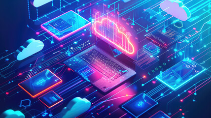 Cloud technology, computers, devices connected to digital storage in data centers via the internet, IOT, smart home communication, laptops, tablets, phones, online home devices