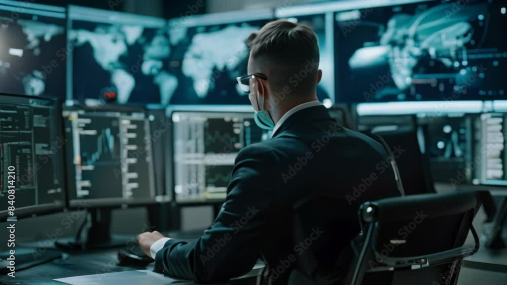 Poster a man sitting at a desk, intensely focused on a computer screen while analyzing data as a threat int