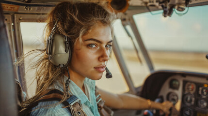 Confident Female Pilot in Cockpit Wearing Headset