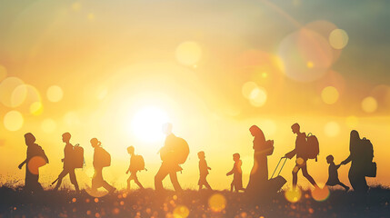 Silhouette of a group of people walking in the morning Daybreak March: Group Silhouette Ventures Forward