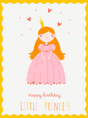Cute card with a charming princess for a girl's birthday