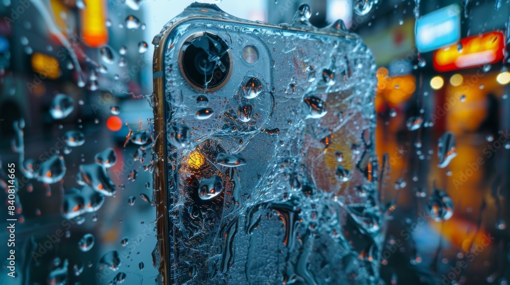 Poster showcase a broken smartphone with a malfunctioning camera lens, producing distorted and blurry image