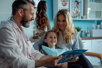 Obraz premium Family Dentist Explaining Dental Sealants with Brochure to Parents and Child in a Modern Clinic