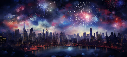 Naklejka premium a painting of a city at night with fireworks. a painting of a city street at night with fireworks