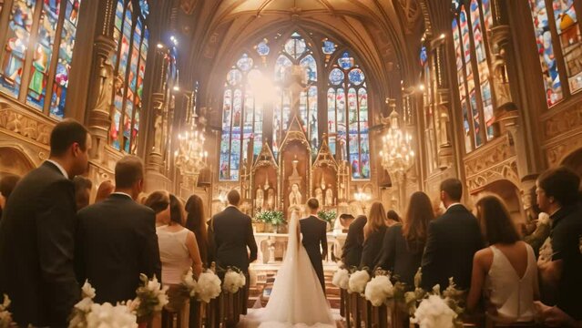 A bride and groom are walking down the aisle of a church during a traditional ceremony, A traditional ceremony in a grand cathedral with ornate stained glass windows