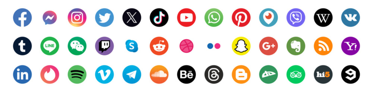 Social media icons set. Facebook, twitter, X, instagram, youtube, snapchat, pinterest, whatsap, linkedin, periscope, vimeo. Ukraine, Kharkiv, June 05, 2024