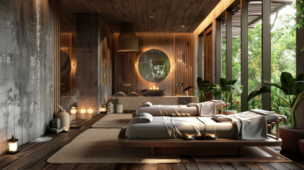 Luxurious interior of a massage room with a relaxing and cozy atmosphere. Minimalist spa design. Relaxation and rest concept.