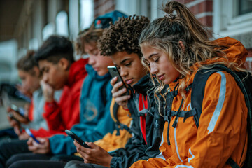 High School Sports Team Checking Their Phones While Sitting Together