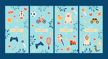 Happy children's day set of stories for social media with cute toys