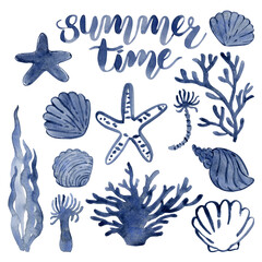 Watercolor hand painted sea set illustration with seashells, seaweeds, coral, starfish and sea plants. Can use as print, poster, postcard, textile design, element design, packaging design, stickers. © daria