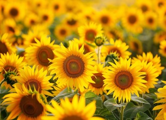 A field of vibrant yellow sunflowers, their petals facing the sunlight in full bloom.