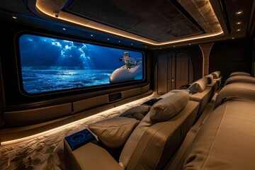 Luxurious Yacht Home Theater with Panoramic Ocean Views and Plush Seating
