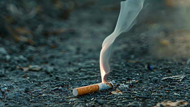 A cigarette producing smoke that curls and dances above it, A trail of smoke curling and dancing above the abandoned cigarette