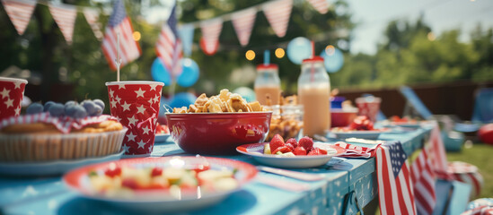 A festive picnic with family and friends, decorated with American flags and patriotic colors