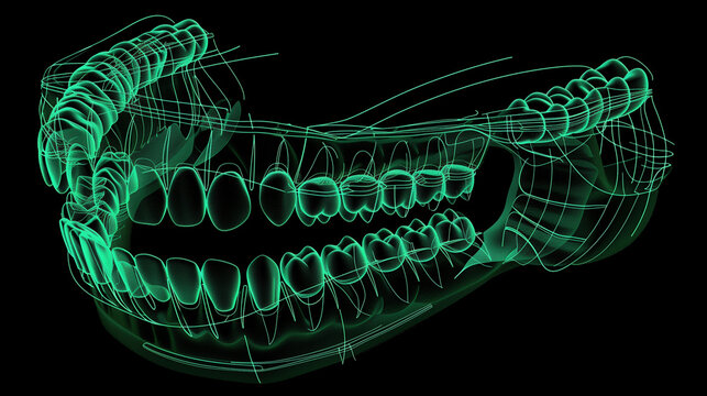 3D rendering of human jaw and teeth in neon green.