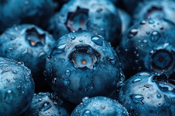 Blueberry background. Close-up shot of blueberries with water drops. Macro image of freshly picked ripe berries