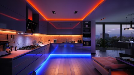 Illuminate your modern kitchen at night with LED strips lining the cabinets and a built-in TV screen, offering both