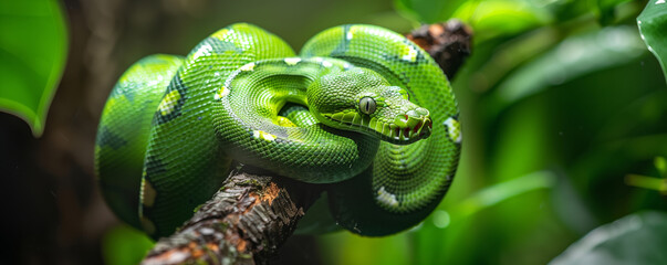 Fototapeta premium Green snake coiled on a tree branch in a dense forest. Nature and wildlife concept. Design for poster, banner, wallpaper.