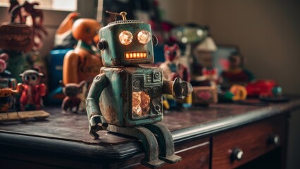 Nostalgic Vintage Toy Robot on Wooden Table
