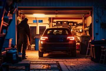 Mechanic Performing Vehicle Light Inspection in a Dimly Lit Garage for Automotive Maintenance