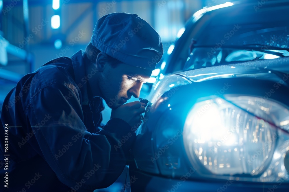Poster mechanic replacing car's headlight bulb with precision for optimal alignment and brightness