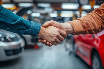 Professional Mechanic Shaking Hands with Happy Customer in Auto Repair Garage