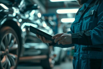 Mechanic Discussing Repair Costs with Customer Using Tablet in Professional Auto Service Center