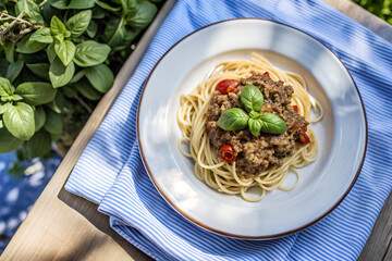 A Plate of Spaghetti Bolognese With Basil and Red Pepper Flakes on a Blue and White Striped Napkin