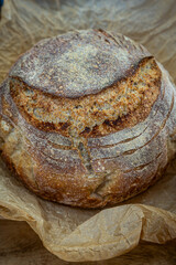 A high angle view of a loaf of crusty home baked bread