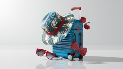 Traveler tourist accessories luggage summer hat, suitcase and sun glassses passport tickets vacation holidays trip plane map pin. travel concept.