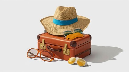 Traveler tourist accessories luggage summer hat, suitcase and sun glassses passport tickets vacation holidays trip plane map pin. travel concept.