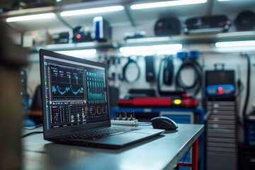 High-Tech Garage Diagnostic Setup with Real-Time Car Data on Computer Screen