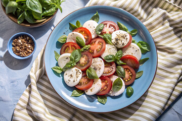 Caprese Salad With Basil on Blue Plate and Striped Napkin