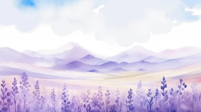 Watercolor pastel mountain landscape with lavender