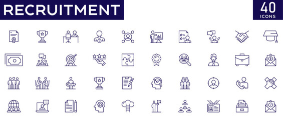 Recruitment icons set with fully editable stroke thin line vector illustration with human resource, headhunting, contract, candidates, teamwork, interview, staff, training, hire, promotion, leadership
