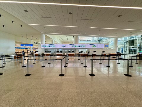 An empty Check in counter at the Orlando International Airport Terminal C