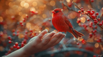 A Red Cardinal Perches on a Hand in a Wintery Forest